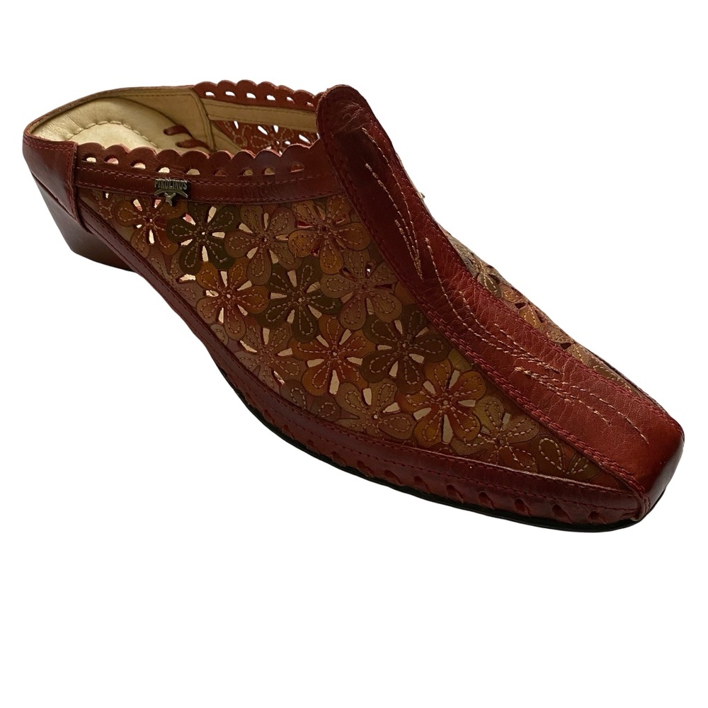 Pikolinos Romana Red/ Green Daisy Leather Spanish Design Mules. Size 7.5-8